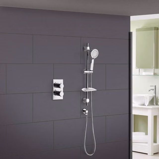 Nes Home Lily Concealed Thermostatic Mixer Valve Set with Slider Rail and 3-Mode Handset in Chrome Silver – 1
