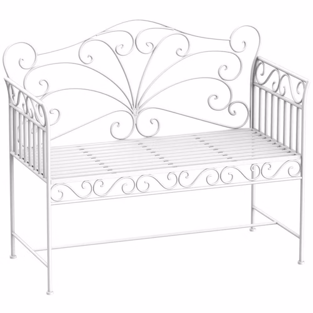 Outsunny White Metal 2 Seater Garden Bench with Floral Design – 3
