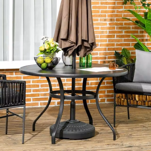 Outsunny Round Slatted Metal Garden Table with Parasol Hole, Black