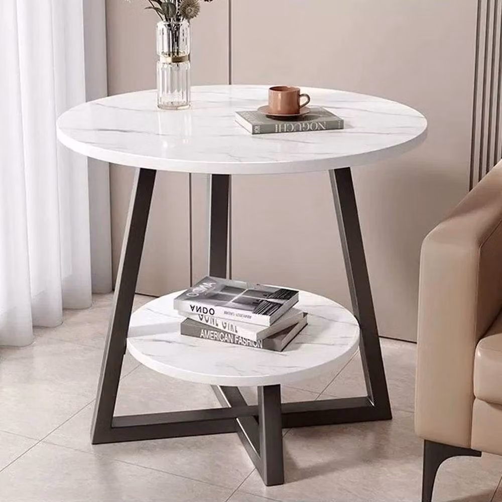 VOGREX Round 2-Tier Marble Sofa Side Table in White – 4