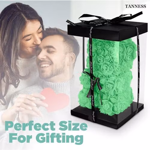 Tanness 25cm Artificial Rose Bear with Transparent Gift Box in Green – 5
