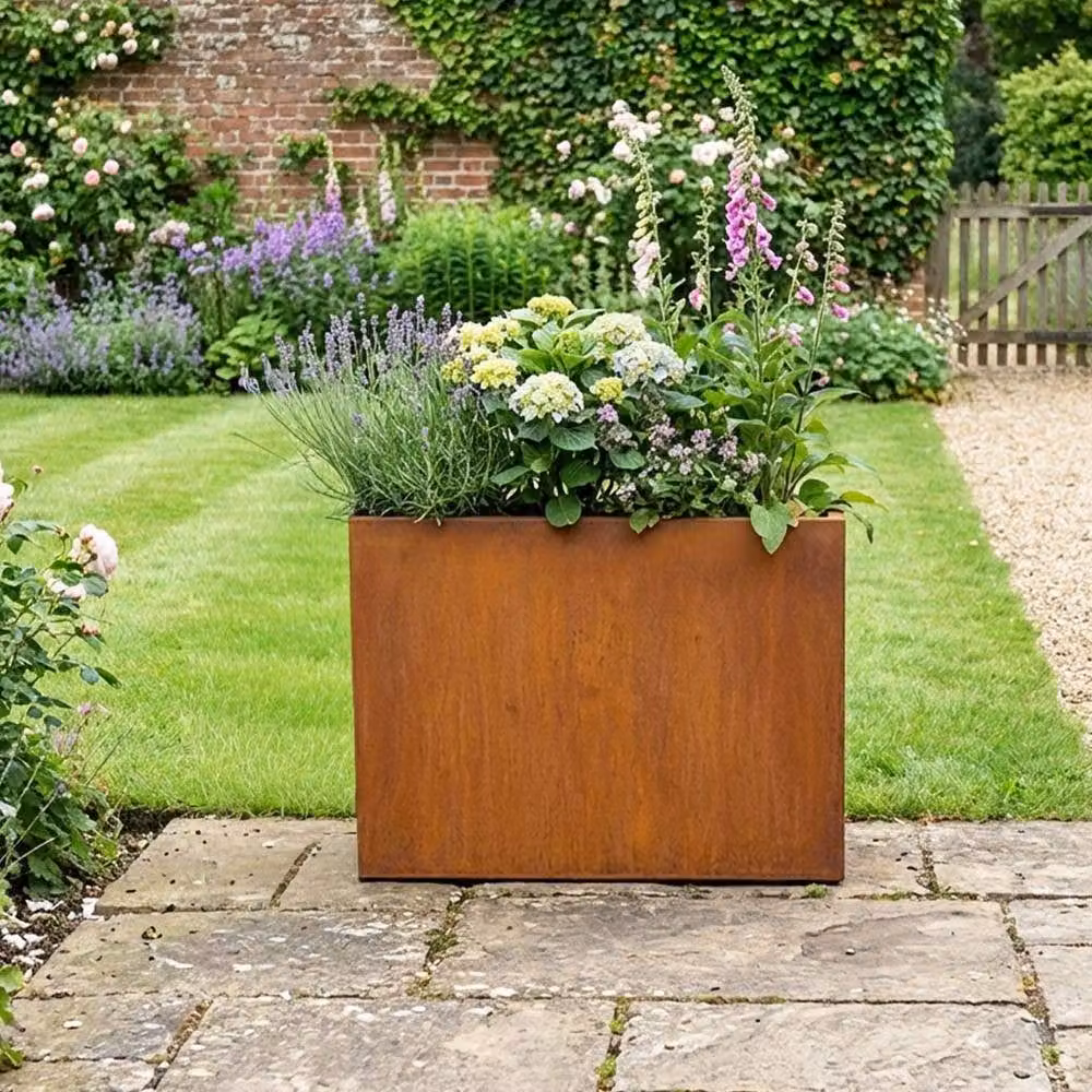 Nicoman Metal Trough Planter in Orange and Brown, Galvanised Steel, W/D/H: 90 x 30 x 82 cm – 6