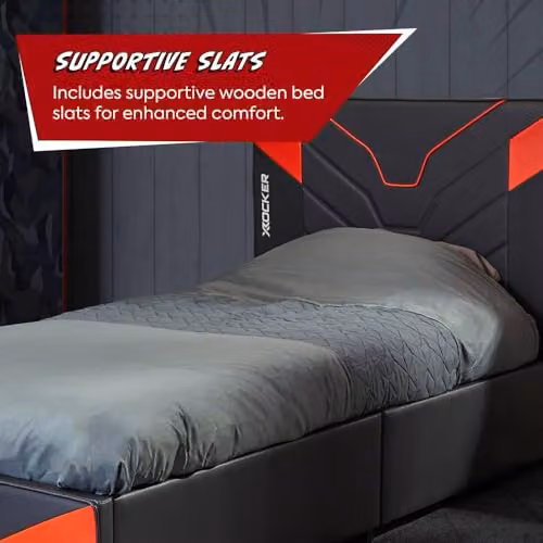 X Rocker Cerberus MKII Upholstered Ottoman Bed Frame for Kids and Teens in Red or Blue, W/D/H: 90 x 190 x 96 cm – 4