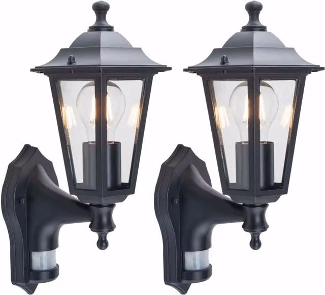 First Choice Lighting Eversham Set of 2 Black Six Sided Lantern Outdoor Wall Lights with PIR Motion Sensor
