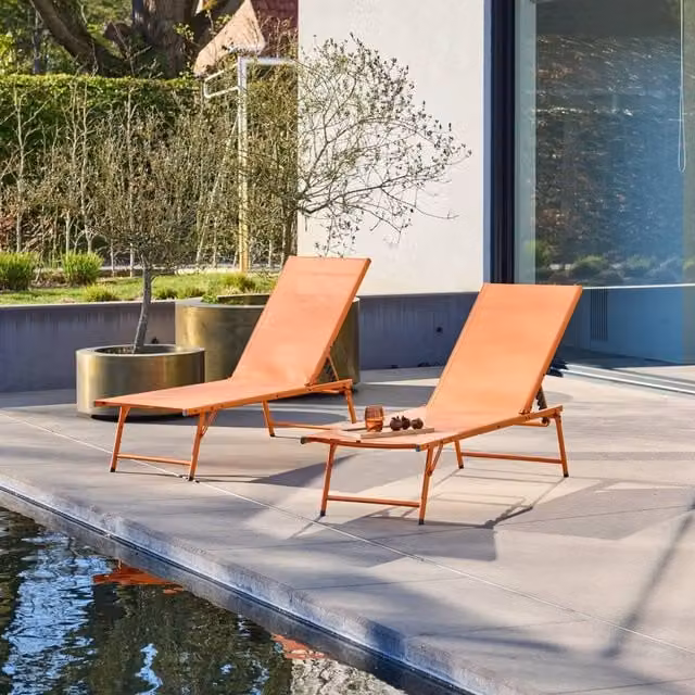 Sweek Set of 2 Orange Textilene and Powder Coated Steel Sun Loungers with 4 Adjustable Positions