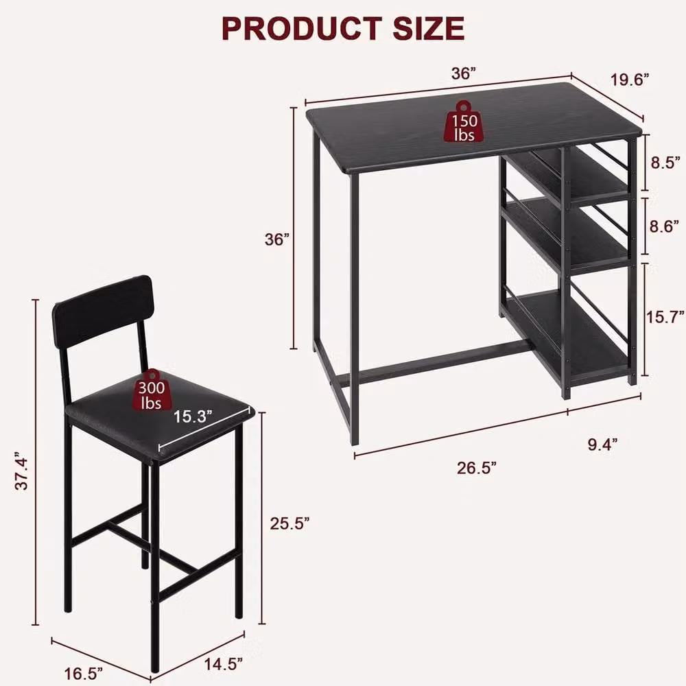 KORVIXA 3 Piece Counter Height Kitchen Dining Table and Upholstered Chair Set in Black, W: 100 cm – 2