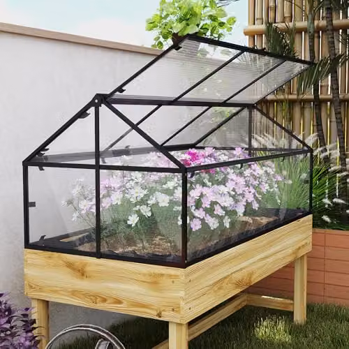 Outsunny Raised Garden Bed with Polycarbonate Cold Frame Greenhouse in Sand – 7