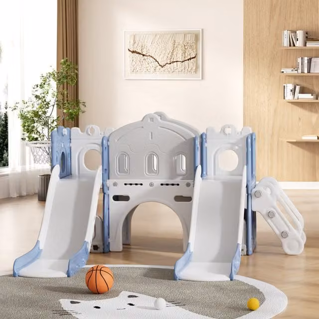Livingandhome Toddler Two Slides Playset with Weatherproof UV Protection, Blue