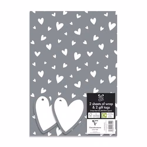 Eurowrap Silver and White Heart Gift Wrap Paper with 2 Gift Tags, W: 50 cm x H: 70 cm