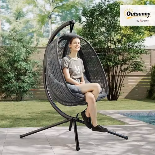 Outsunny Modern Egg Swing Chair with Padded Cushions and Cup Holder in Grey – 2