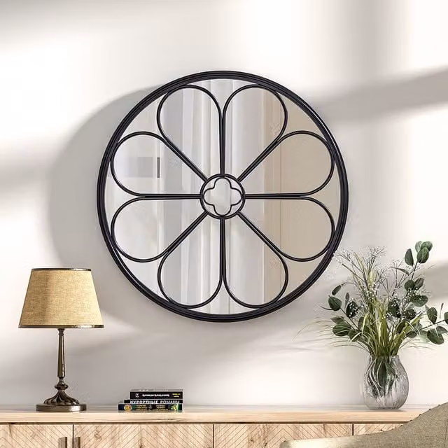 Livingandhome Contemporary Round Floral Glass Wall Mirror in Black, Diameter: 60 cm