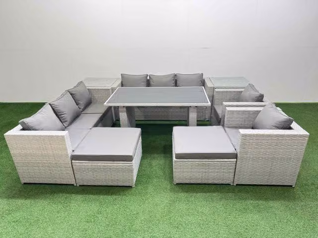 Fimous 10 Seater Outdoor Dining Set with 3 Seater Sofa and 2 Side Tables in Light Grey
