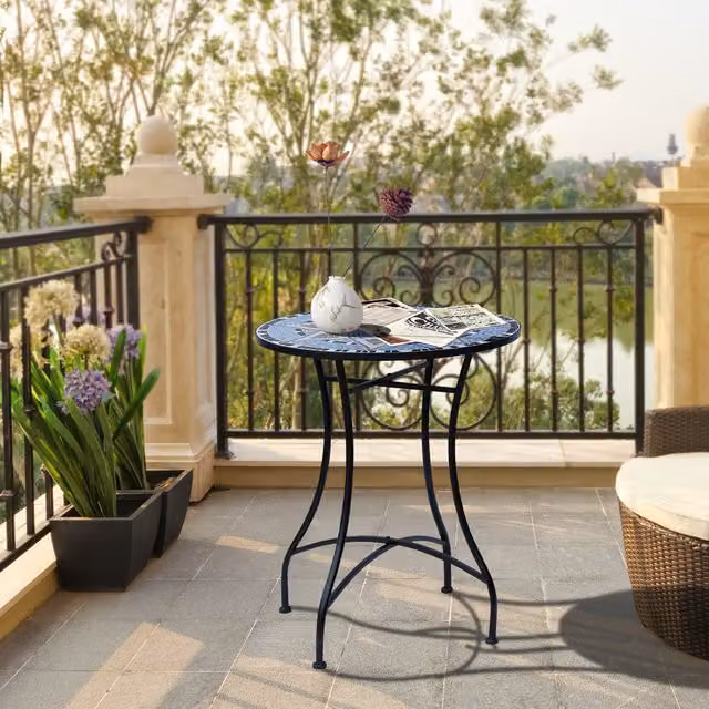 Outsunny Round Geometric Garden Table in Blue and White with Ceramic and Metal Top