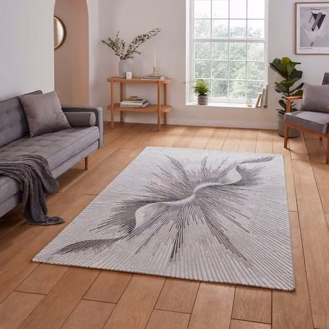 Creation 50156 Modern Abstract Machine Woven Metallic Effect Yarn Rug in Silver, Beige and Grey