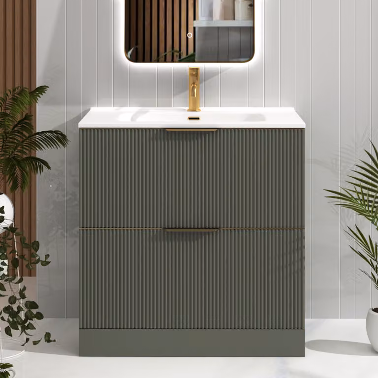 Royal Bathrooms Evora 800mm Sage Green Fluted Floor Standing Vanity Unit with 2 Drawers, Ceramic Basin and Brushed Brass Handles