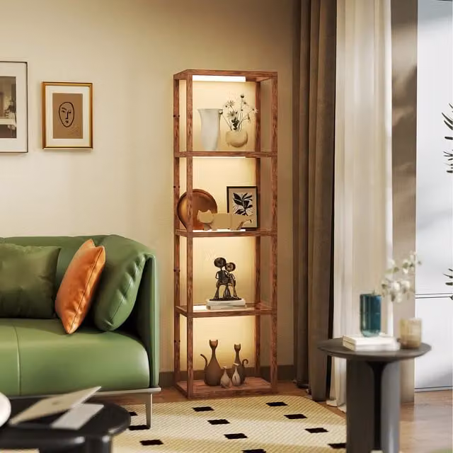 HOMCOM Dimmable LED Floor Lamp with Glass Shelves in Rustic Brown