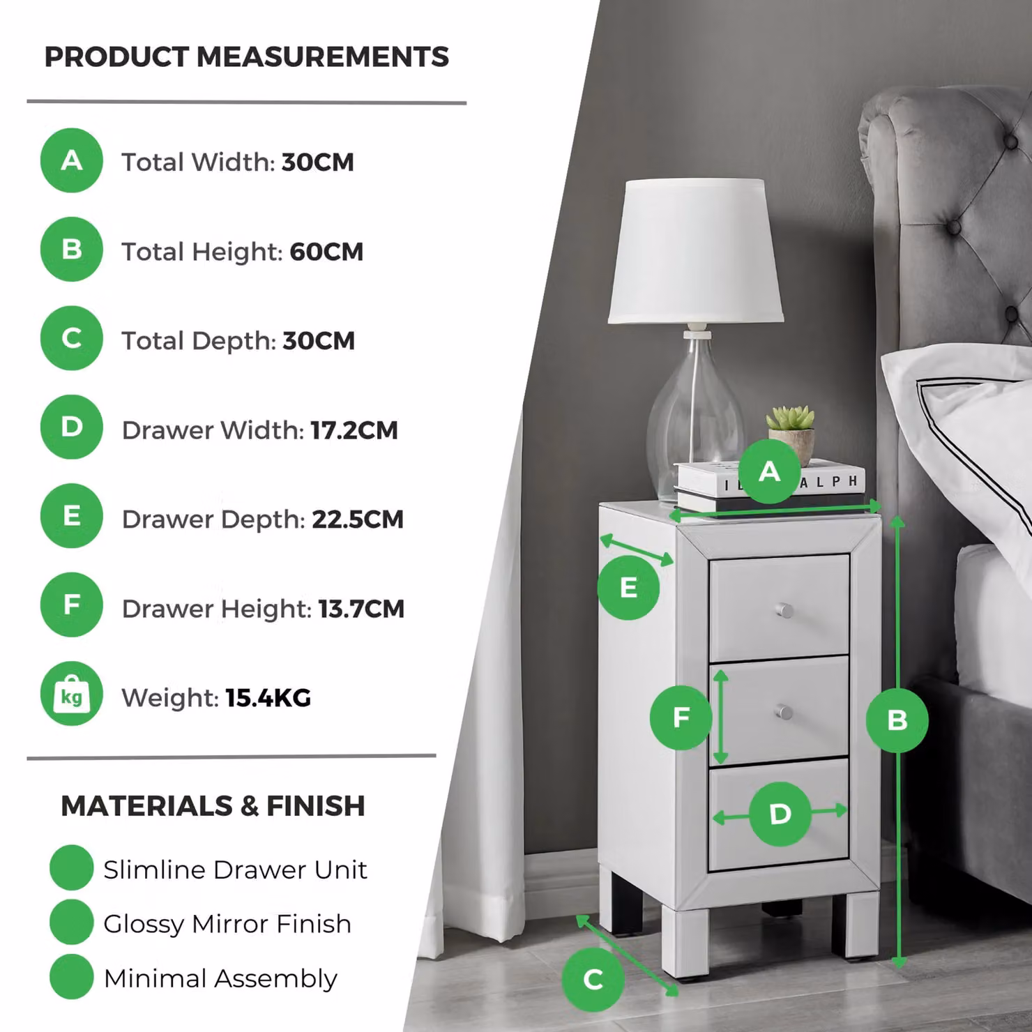 FurnitureboxUK Lexi Small Slimline 3 Drawer Wooden Bedside Table with Modern Mirrored Finish in White – 4