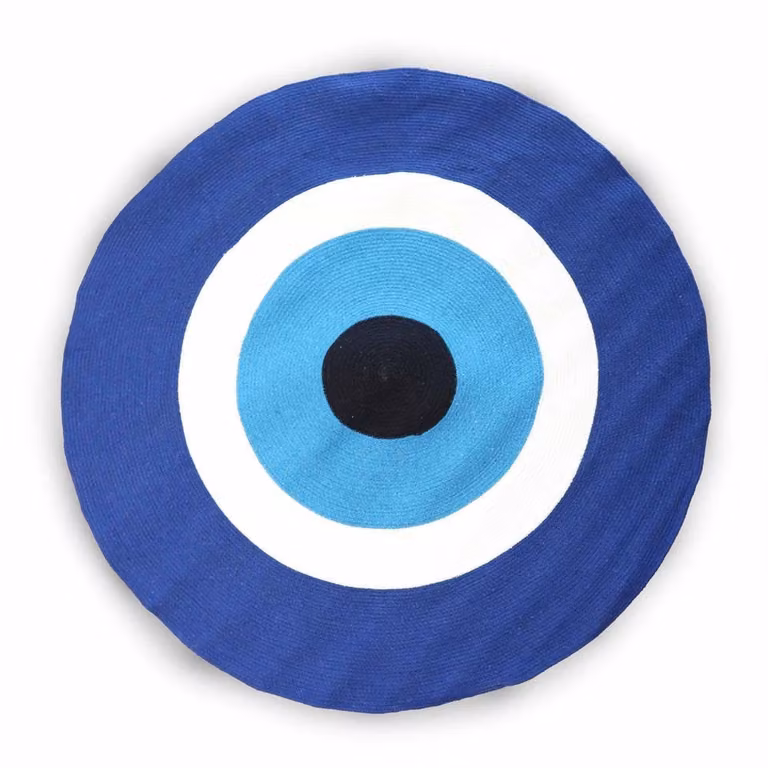 Serenityy Blue Cotton Rope Evil Eye Woven Round Rug, Diameter: 120 cm