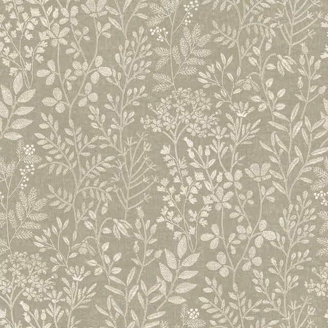 Grandeco Botanical Floral Embroidery Stitched Foliage Trail Wallpaper in Green