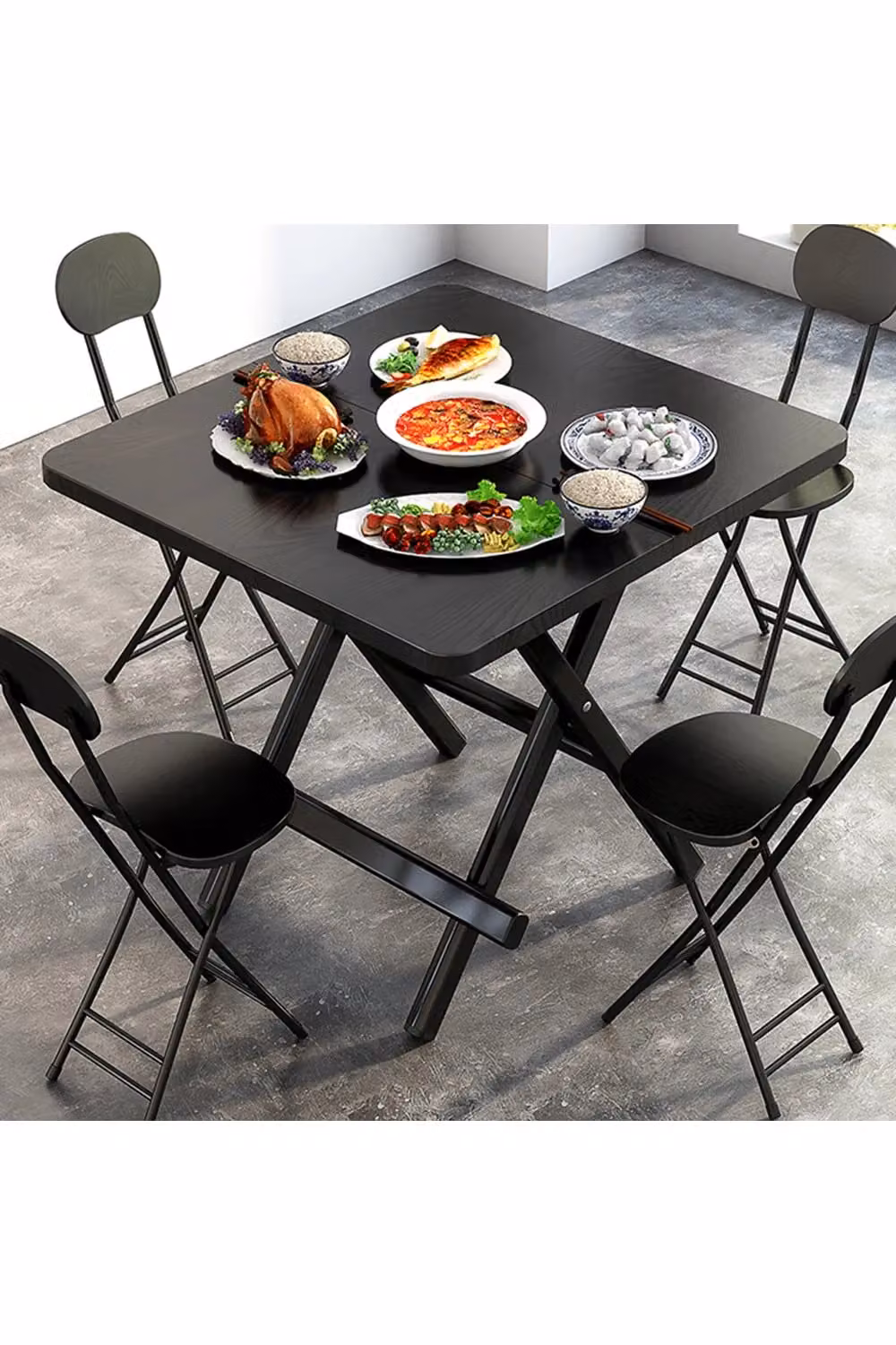 Living and Home Set of 4 Black Compact Wooden Folding Dining Chairs with Metal Legs – 4