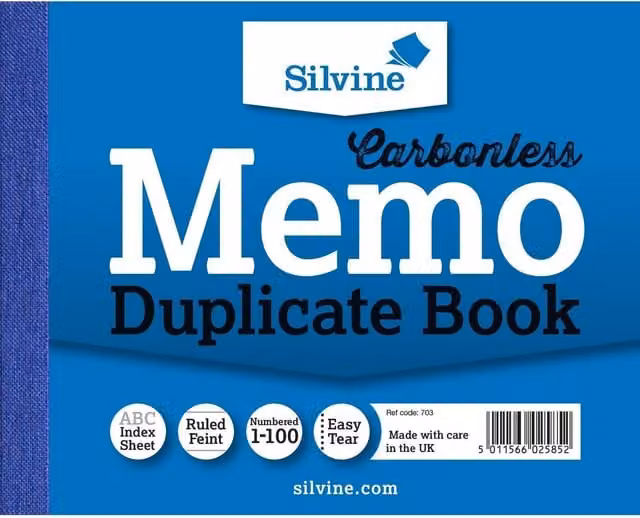 Silvine Lined Carbonless Copy Paper Memo Book with Softcover, Blue