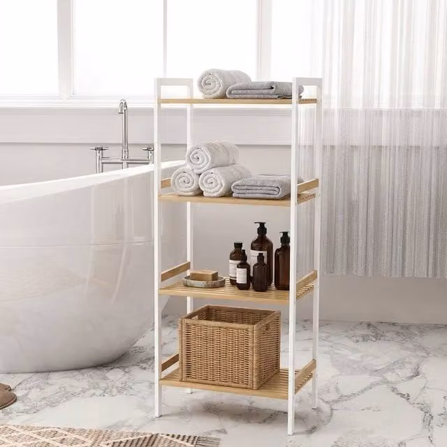 STILVORA 4-Tier Freestanding Storage Shelf with Adjustable Shelves in Light Oak – 1