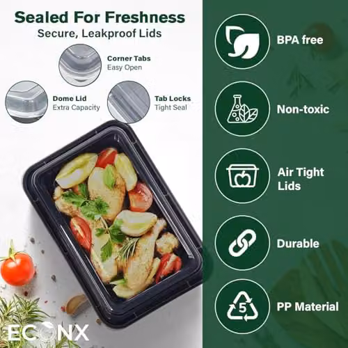 ECONX 30 Pack Black Plastic Meal Prep Food Storage Containers with Airtight Lids, 24oz Each – 6