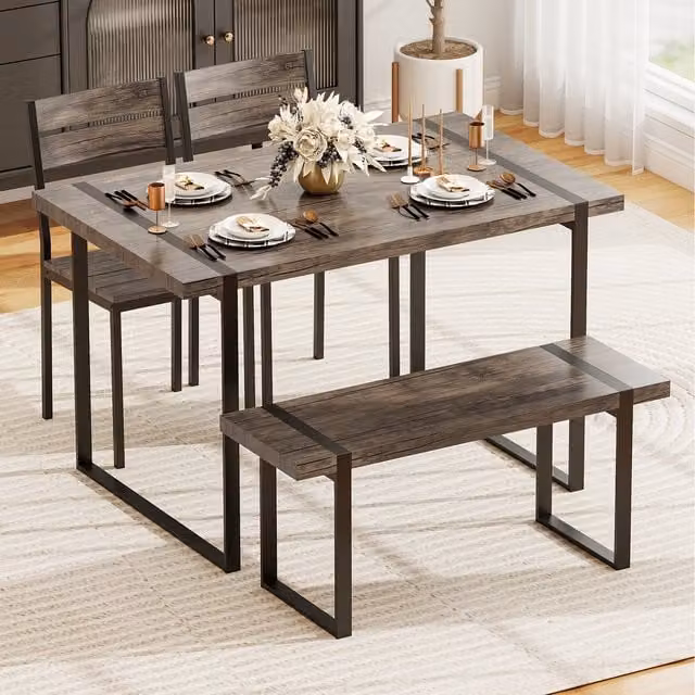 COSTWAY Industrial Grey Kitchen and Dining Room Set with Rectangular Wood Table, Bench and Chairs
