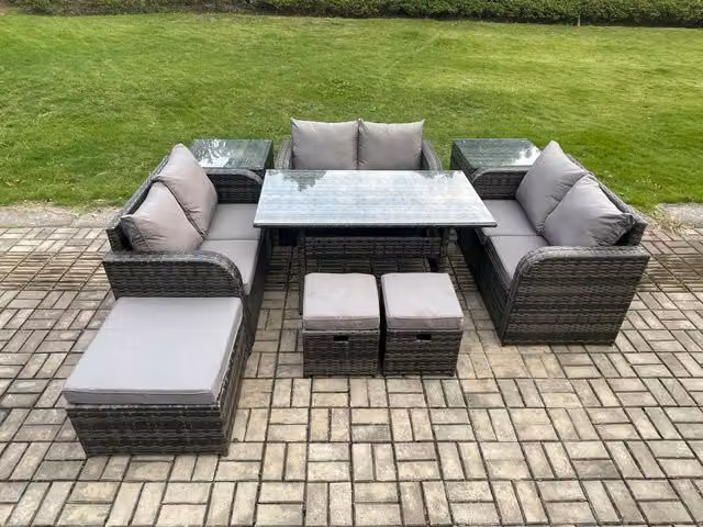 Fimous 9 Piece Outdoor Rattan Garden Furniture Set in Dark Grey with Rectangular Dining Table, Love Sofa, 2 Side Tables and 3 Footstools