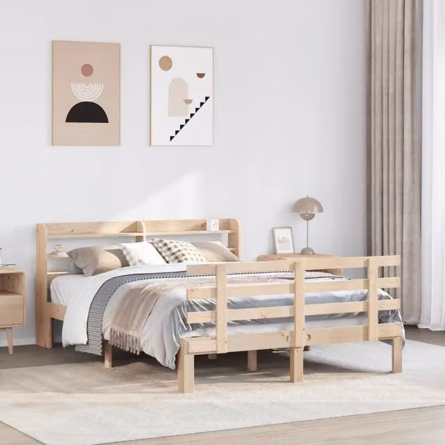 Berkfield Home Double Bed Frame with Headboard in Brown, Solid Pine Wood, W/D/H: 135 x 190 x 82 cm – 1