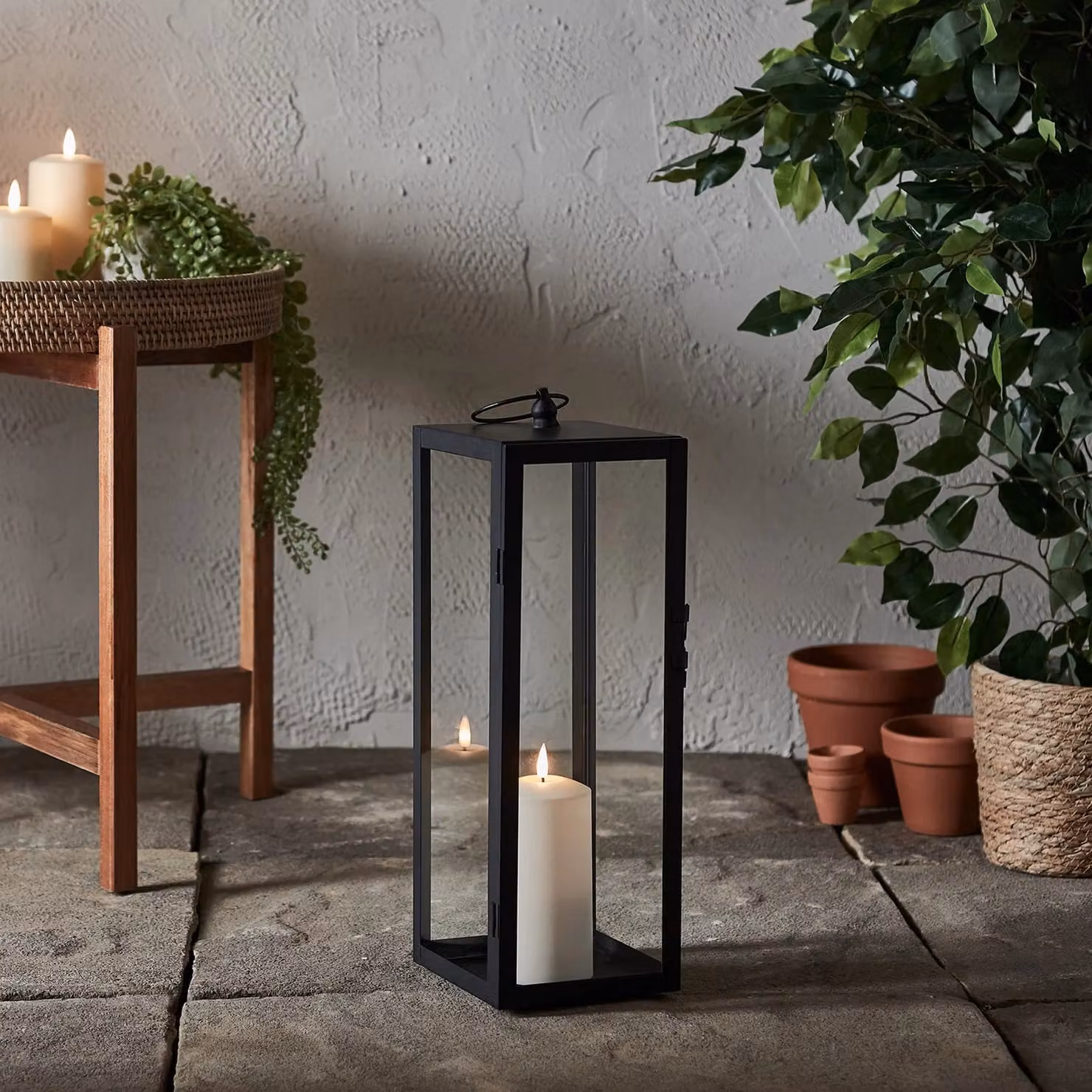 Lights4fun Large Black Metal Outdoor LED Lantern with White TruGlow Candle, H 45 cm x W 15 cm x D 15 cm – 1