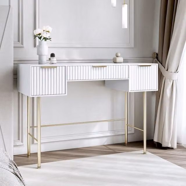 CARME HOME Lara White and Gold Modern Dressing Table with Integrated Lighting and Ridged Details – 1