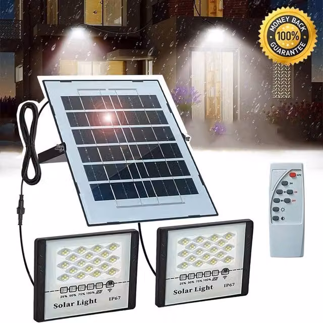 NESTLUNE 400W Solar LED Double Floodlight with Dusk Sensor in Black