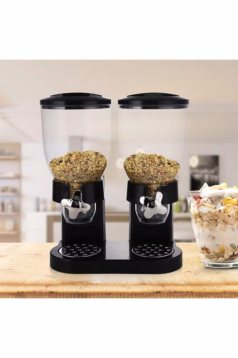 Living and Home 4L Double Cereal Container and Dry Food Dispenser with Compartments, Black – 2