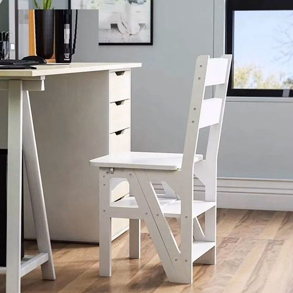 FLAVORA White 4-Step Wooden Convertible Library Ladder Chair, W/D/H: 100 x 40 x 40 cm – 3