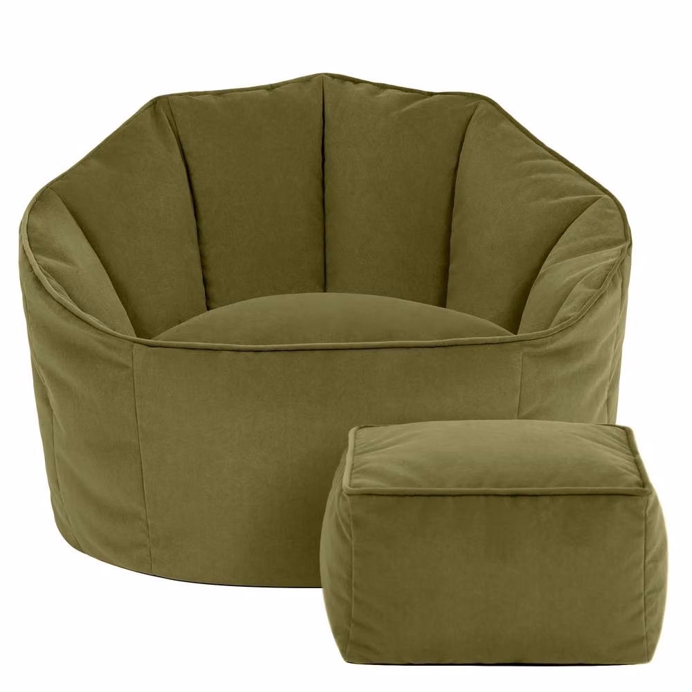 ICON Sirena Scallop Velvet Accent Chair and Footstool Bundle in Olive Green – 2