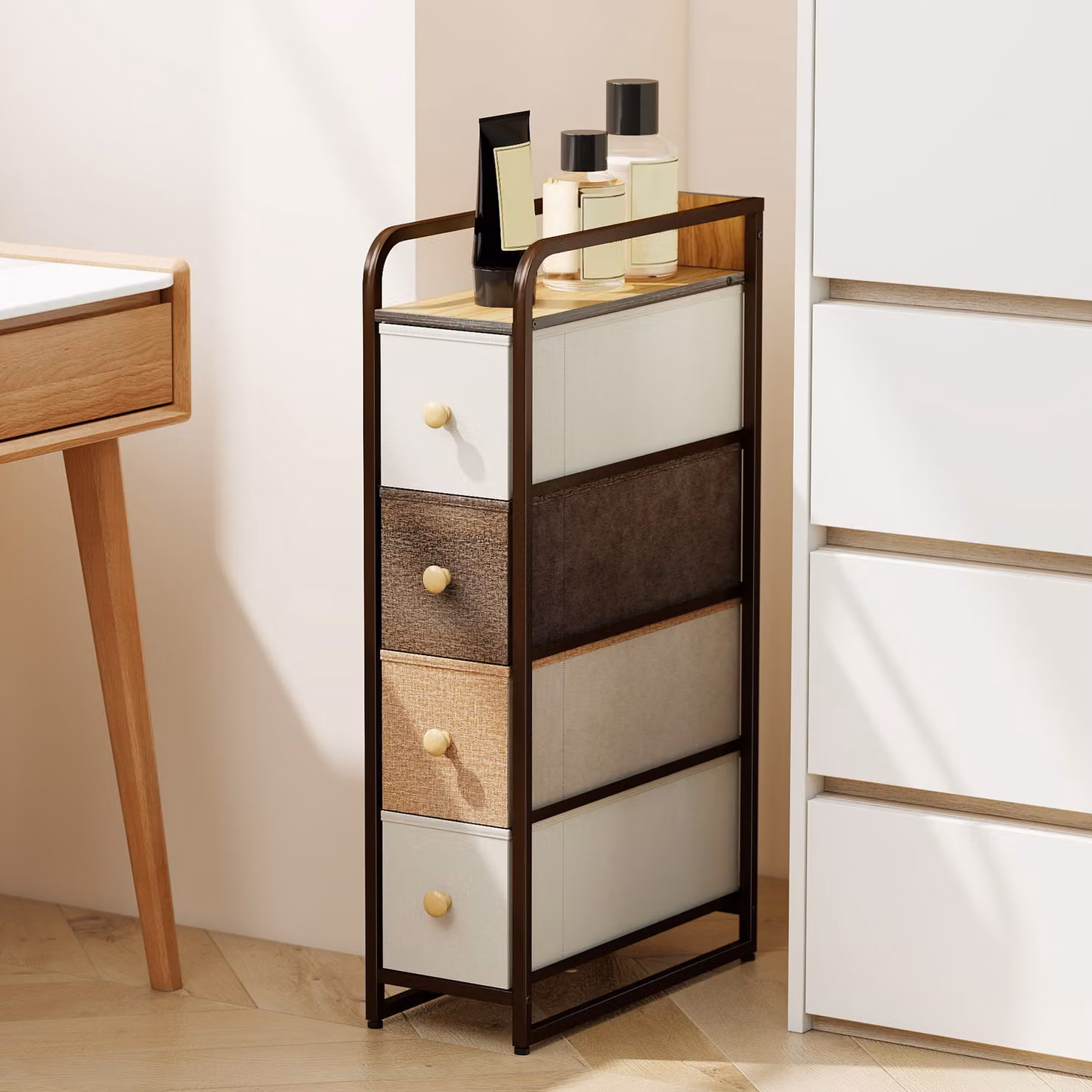 HOMCOM 4-Drawer Storage Organiser Unit with Steel Frame in Mixed-Brown and Multicolour – 2