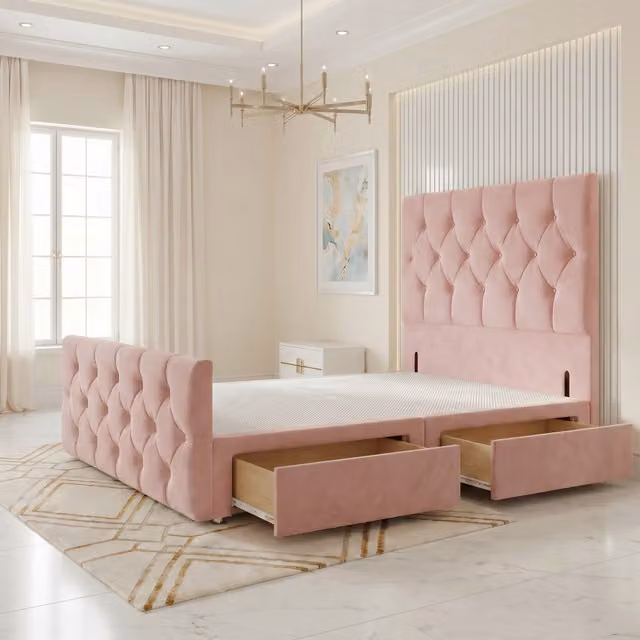 Somnior Beds Ltd Chesterfield Velvet Divan Bed Base with Drawers and Floor Standing Headboard and Footboard, Pink, W/D/H: 140 x 200 x 115 cm