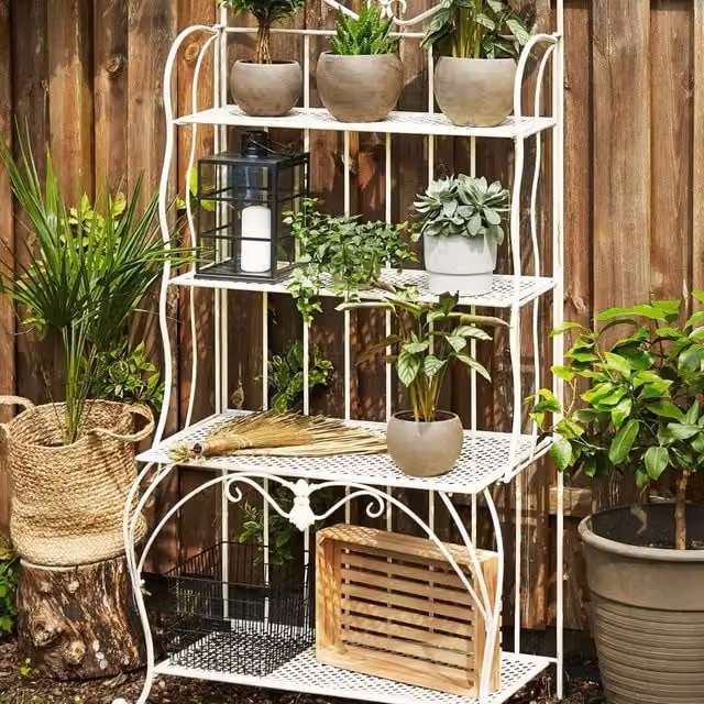 Wyld Haus Retro 4-Shelf Metal Plant Stand in Matt Beige for Indoor and Outdoor Use