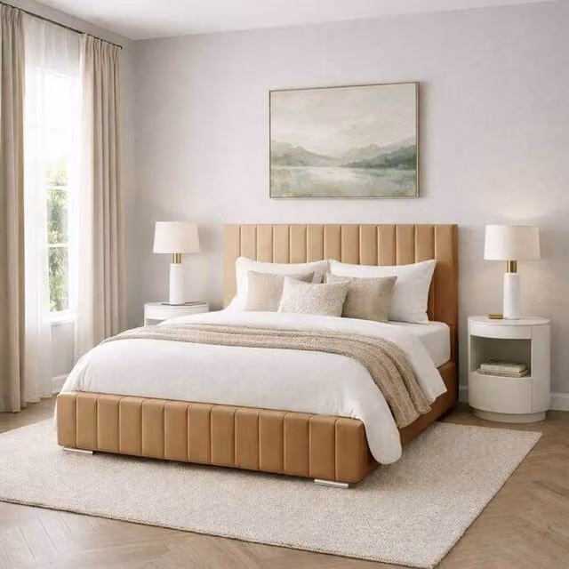 Desire Deco Plush Velvet Upholstered Bed Frame in Beige, W/D/H: 90 x 190 cm – 1
