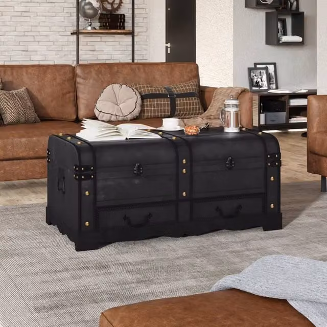 Berkfield Home Vintage Wood Treasure Chest in Black, W/D/H: 90 x 51 x 42 cm
