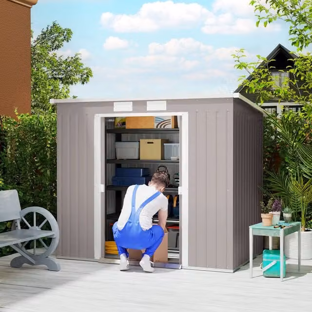 OUTSUNNY Metal Garden Storage Shed with Double Doors in Green and Grey, W/D/H: 213.36 x 121.92 x 172.0 cm – 1