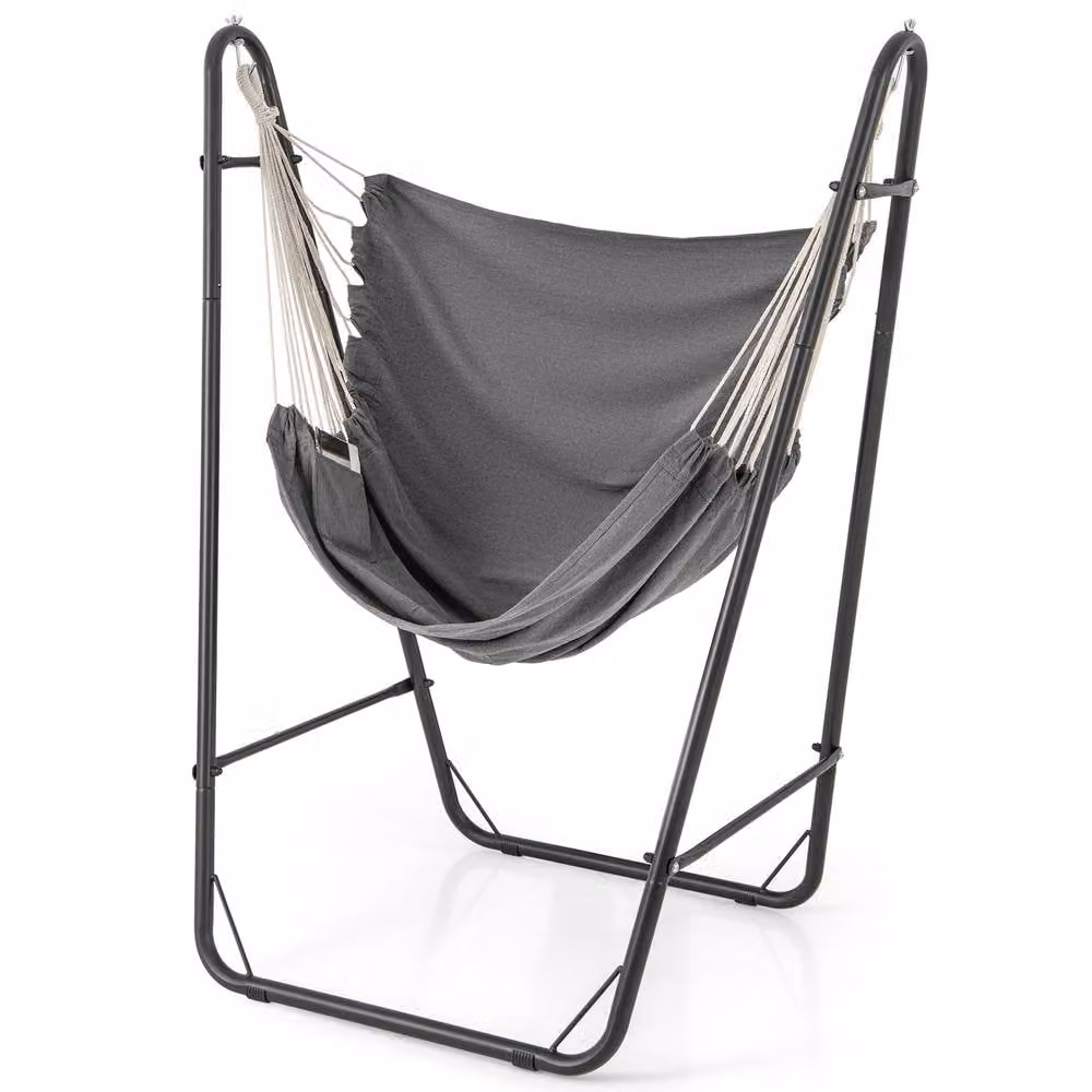Gymax Hammock Swing Chair with Metal Stand and Side Pocket in Grey – 7