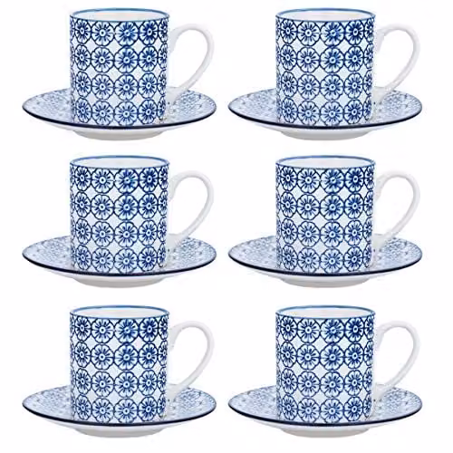 Nicola Spring 12 Piece Blue Hand Printed Porcelain Espresso Cup and Saucer Set, 65ml – 1