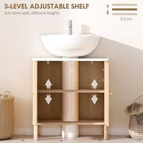 HOMCOM Modern Under Sink Bathroom Cabinet with Hinged Doors and Internal Shelves, Brown and Gold – 3