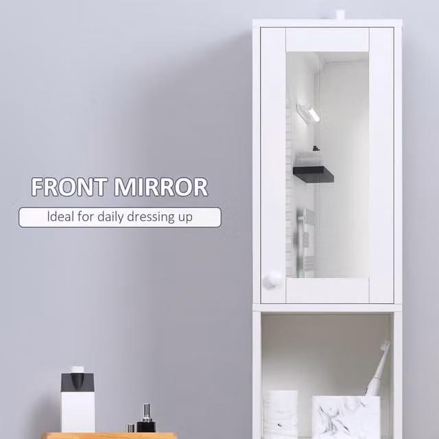 Kleankin Tall Narrow Freestanding Bathroom Storage Cabinet with Mirror and Internal Shelves, White, H 170 x W 30 x D 3 cm – 1