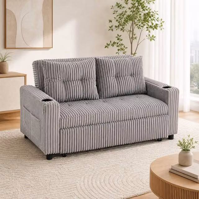 STILVORA 2 Seater Click-Clack Sofa Bed in Grey with Cup Holders, W/D/H: 157 x 91 x 190 cm – 1