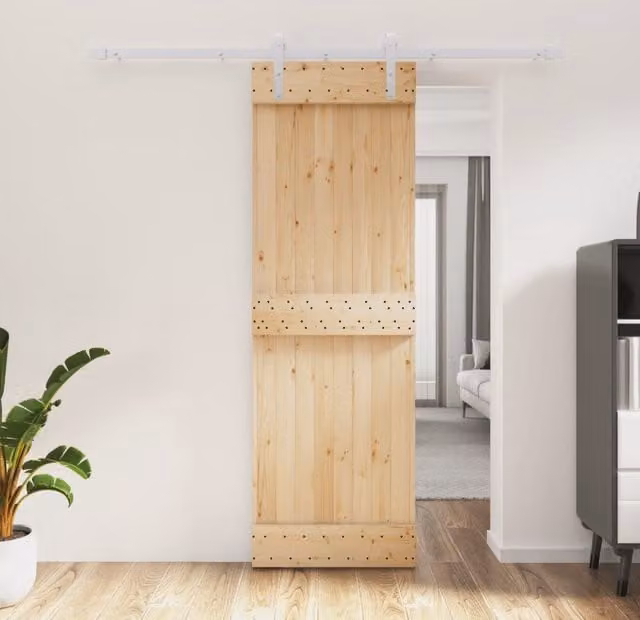 Berkfield Home Rustic Solid Wood Pine Sliding Door with Hardware Set in Brown, W: 70 cm, H: 210 cm – 1