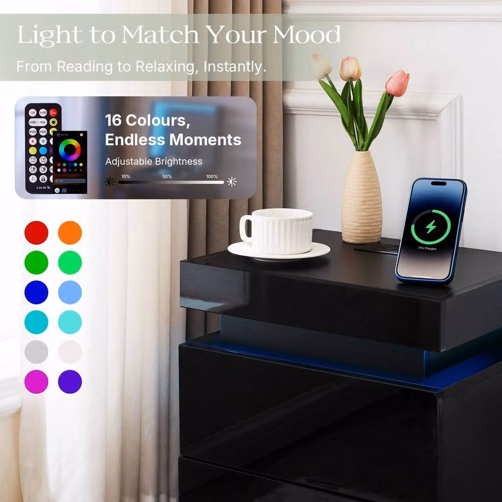 PAWNORA Modern Black Glossy Bedside Table with 2 Drawers and Integrated Lighting – 4
