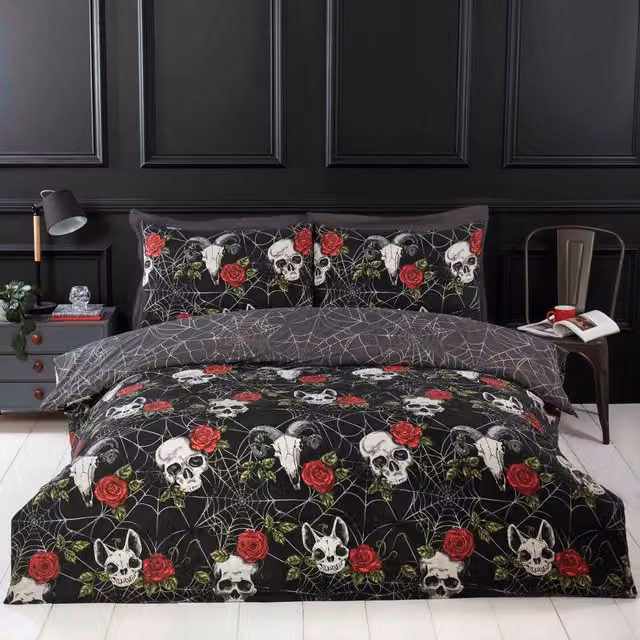 Rapport Home Reversible Skulls and Roses Microfibre Duvet Cover Set, Multicolour and Black, 90 x 200 cm